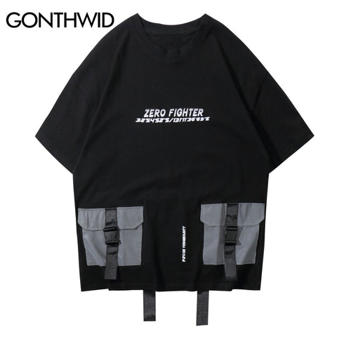 GONTHWID 3M Reflective Buckle Multi-Pockets Ribbon Tshirts 2023 Men Hip Hop Streetwear Tops Tees Harajuku Short Sleeve T Shirts