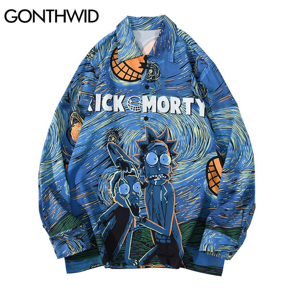 GONTHWID Anime Cartoon Print Long Sleeve Shirts Streetwear Mens Hip Hop Casual Harajuku Holiday Beach Party Blouse Hawaiian Tops