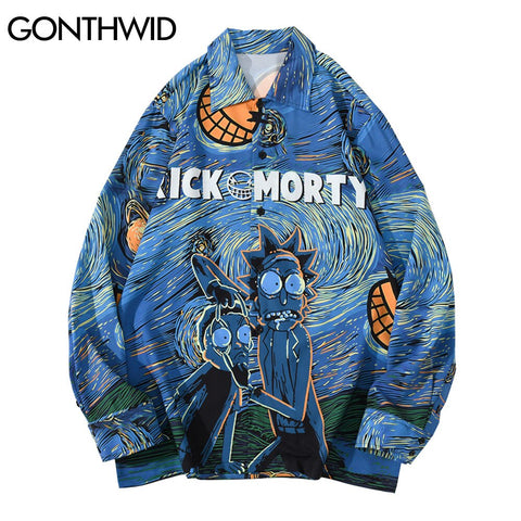 GONTHWID Anime Cartoon Print Long Sleeve Shirts Streetwear Mens Hip Hop Casual Harajuku Holiday Beach Party Blouse Hawaiian Tops