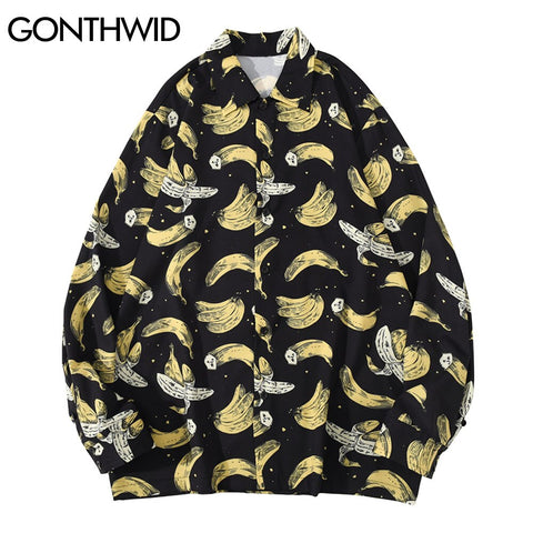 GONTHWID Banana Print Hawaiian Long Sleeve Shirts Streetwear Men Women Hip Hop Harajuku Casual Holiday Party Beach Blouse Tops