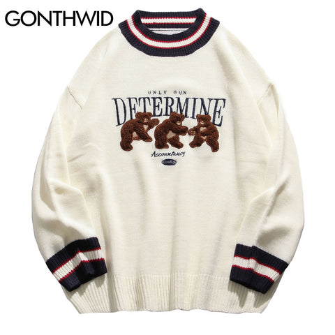 GONTHWID Bear Patchwork Striped Knitted Jumpers Sweaters Streetwear Hip Hop Harajuku Casual Pullover knitwear Mens Tops