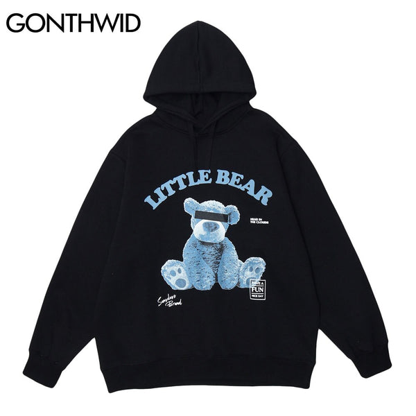 GONTHWID Blindfolded Toy Bear Print Hooded Sweatshirts Streetwear Hip Hop Men Casual Harajuku Hoodies Pullover Tops Male