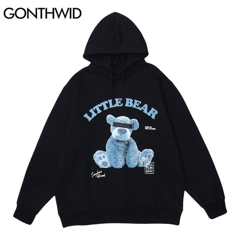 GONTHWID Blindfolded Toy Bear Print Hooded Sweatshirts Streetwear Hip Hop Men Casual Harajuku Hoodies Pullover Tops Male
