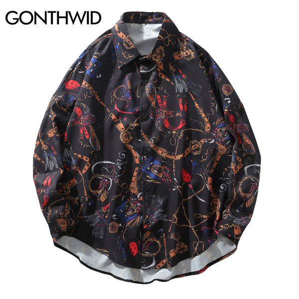 GONTHWID Chains and Belts Print Long Sleeve Mens Shirts Casual Dress Shirt Hip Hop Hipster Button Down Streetwear Tops