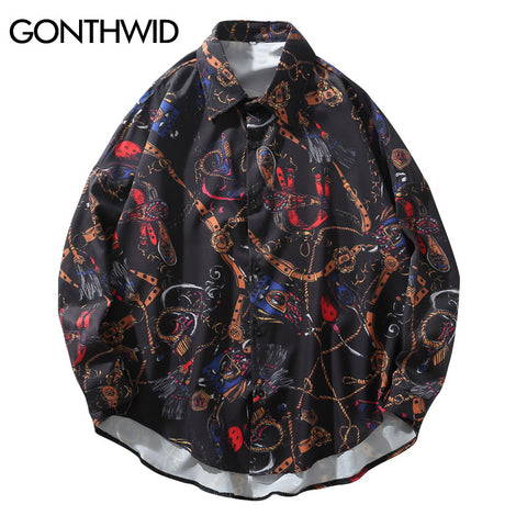GONTHWID Chains and Belts Print Long Sleeve Mens Shirts Casual Dress Shirt Hip Hop Hipster Button Down Streetwear Tops