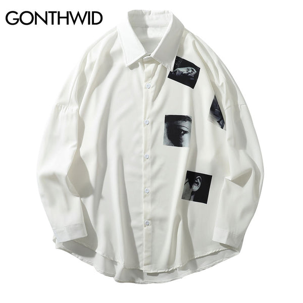 GONTHWID Creative Print Long Sleeve Dress Shirts Hip Hop Harajuku Urban Casual Button Donw Streetwear Shirt Tops Shirts