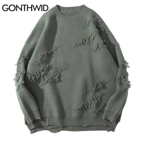 GONTHWID Distressed Destroyed Knitted Jumper Sweaters Streetwear Men 2023 Hip Hop Harajuku Casual Pullover Knitwear Tops