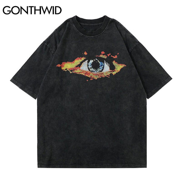GONTHWID Distressed Tees Shirts Fire Flame Eye Print Short Sleeve Tshirts Streetwear Hip Hop Harajuku Casual Cotton Loose Tops