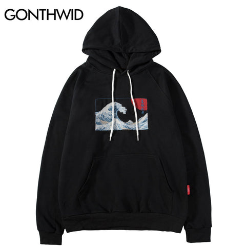 GONTHWID Embroidered Japanese Ukiyo-e Kanagawa Surfing Thin Hoodies Sweatshirts 2023 Harajuku Hip Hop Casual Pullover Hoodie Top