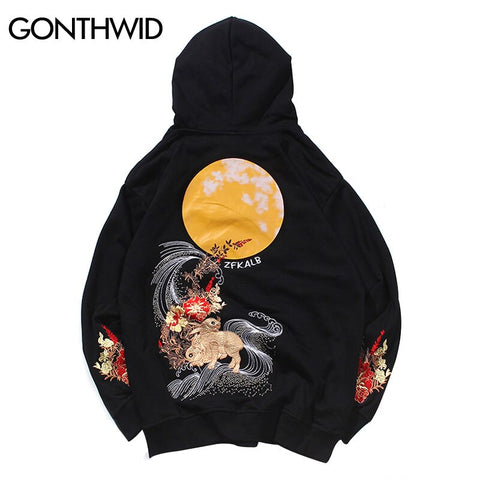 GONTHWID Embroidery Animal Flowers Rabbits Print Hooded Sweatshirts Harajuku Pullover Hoodies Hip Hop Casual Streetwear