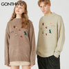 GONTHWID Embroidery Dinosaur Hamburger Bear Pullover Knitted Sweaters Harajuku Casual Knitwear Jumper Tops Hip Hop Streetwear
