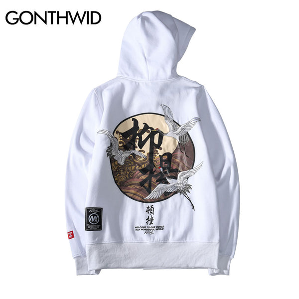 GONTHWID Embroidery Japanese Cranes Pullover Hoodies Men 2023 Winter Hip Hop Male Casual Hooded Sweatshirts Streetwear