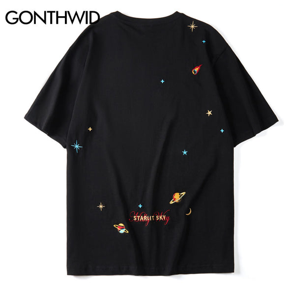 GONTHWID Embroidery Planets Stars Tees Shirts Streetwear Harajuku Casual Short Sleeve Tshirts Mens Hip Hop Summer Tops