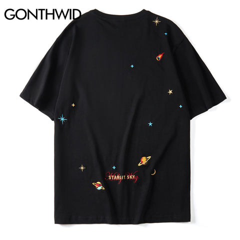GONTHWID Embroidery Planets Stars Tees Shirts Streetwear Harajuku Casual Short Sleeve Tshirts Mens Hip Hop Summer Tops