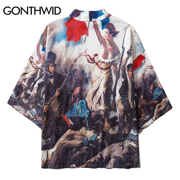 GONTHWID Eugene Delacroix The Liberty Leading The People Print Kimono Cardigan Jackets Shirts Streetwear Hip Hop Open Front Coat