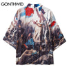 GONTHWID Eugene Delacroix The Liberty Leading The People Print Kimono Cardigan Jackets Shirts Streetwear Hip Hop Open Front Coat