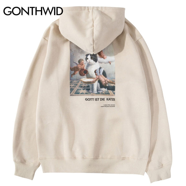 GONTHWID Funny Angels Cat Print Hoodies Sweatshirts Harajuku Hip Hop Casual Pullover Hooded Streetwear 2023 Men Tops