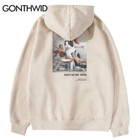 GONTHWID Funny Angels Cat Print Hoodies Sweatshirts Harajuku Hip Hop Casual Pullover Hooded Streetwear 2023 Men Tops