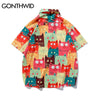 GONTHWID Funny Colorful Cats Print Hawaiian Shirts Men Summer Aloha Tropical Shirt Casual Button Down Short Sleeve Beach Shirts
