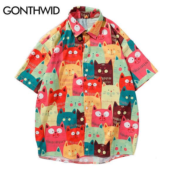 GONTHWID Funny Colorful Cats Print Hawaiian Shirts Men Summer Aloha Tropical Shirt Casual Button Down Short Sleeve Beach Shirts