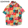 GONTHWID Funny Colorful Cats Print Hawaiian Shirts Men Summer Aloha Tropical Shirt Casual Button Down Short Sleeve Beach Shirts