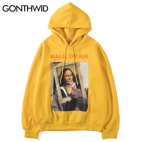 GONTHWID Funny Mona Lisa Smoking Print Fleece Hoodies Pullover Hooded Sweatshirts Harajuku Hip Hop Streetwear Hoodie Casual Tops