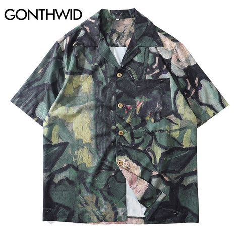 GONTHWID Graffiti Painting Print Aloha Beach Hawaiian Shirts Mens Summer Casual Short Sleeve Tropical Holiday Blouse Button Down