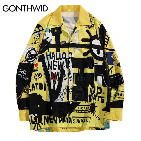 GONTHWID Graffiti Print Long Sleeve Dress Shirts Streetwear Hip Hop Hipster Causal Button Up Shirt Tops 2023 Shirts Tees