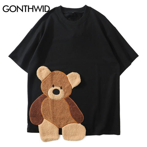 GONTHWID Harajuku Creative Embroidery Bear Color Block Patchwork Tees Shirts Streetwear 2023 Hip Hop Casual Short Sleeve Tshirts