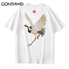 GONTHWID Harajuku Embroidery Crane Tees Shirts Mens 2023 Hip Hop Streetwear Tshirts Summer Casual Short Sleeve Tops Male