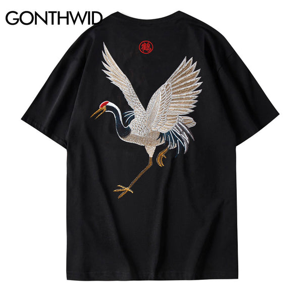 GONTHWID Harajuku Embroidery Crane Tees Shirts Mens 2023 Hip Hop Streetwear Tshirts Summer Casual Short Sleeve Tops Male