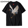 GONTHWID Harajuku Embroidery Crane Tees Shirts Mens 2023 Hip Hop Streetwear Tshirts Summer Casual Short Sleeve Tops Male