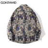 GONTHWID Harajuku Streetwear Shirts Coats Cartoon Bear Front Pockets Jackets Hip Hop Casual Men Loose Button Blouse Tops
