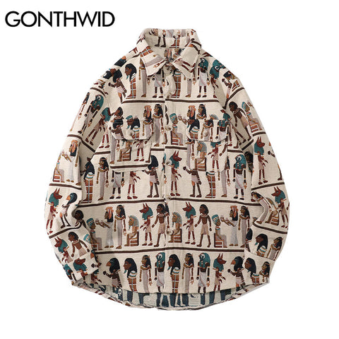 GONTHWID Harajuku Streetwear Shirts Coats Vintage Egyptian Stripe Shirt Jackets Hip Hop Blouse Loose Casual Button Top