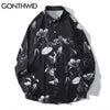GONTHWID Hawaiian Beach Shirts Graffiti Flowers Print Long Sleeve Button Shirts Hip Hop Casual Harajuku Holiday Party Blouse