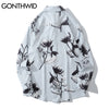GONTHWID Hawaiian Beach Shirts Graffiti Flowers Print Long Sleeve Button Shirts Hip Hop Casual Harajuku Holiday Party Blouse