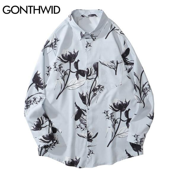 GONTHWID Hawaiian Beach Shirts Graffiti Flowers Print Long Sleeve Button Shirts Hip Hop Casual Harajuku Holiday Party Blouse