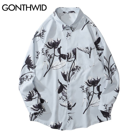 GONTHWID Hawaiian Beach Shirts Graffiti Flowers Print Long Sleeve Button Shirts Hip Hop Casual Harajuku Holiday Party Blouse