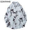 GONTHWID Hawaiian Beach Shirts Graffiti Flowers Print Long Sleeve Button Shirts Hip Hop Casual Harajuku Holiday Party Blouse