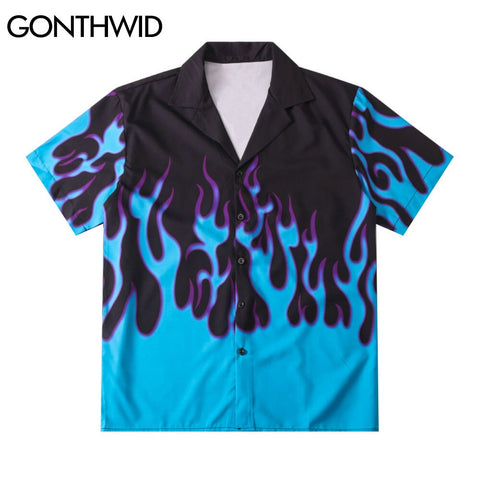 GONTHWID Hawaiian Beach Shirts Hip Hop Fire Flame Casual Button Shirt Mens Summer Short Sleeve Holiday Party Blouse Tops
