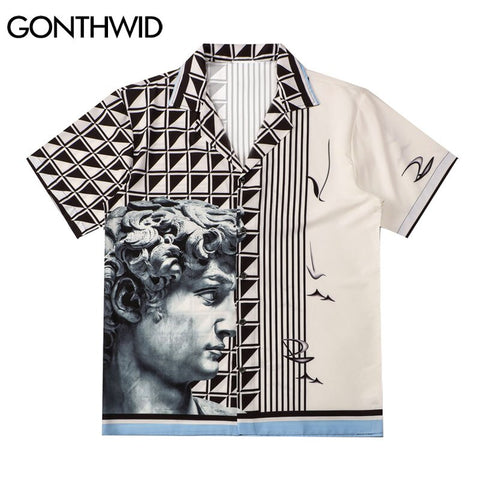 GONTHWID Hawaiian Beach Shirts Hip Hop Michelangelo David Statue Print Shirt Harajuku Casual Tropical Aloha Streetwear Tops