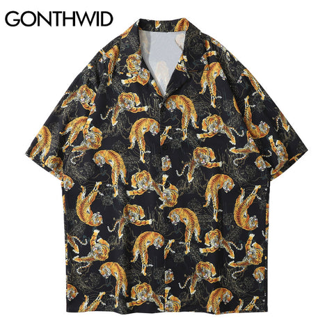 GONTHWID Hawaiian Beach Shirts Streetwear Animal Tigers Print Short Sleeve Shirt Harajuku Hip Hop Casual Aloha HolidayTops