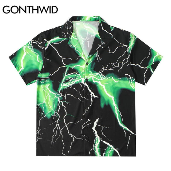 GONTHWID Hawaiian Beach Shirts Streetwear Lightning Print Shirt Streetwear Hip Hop Harajuku Casual Aloha Tropical Tops