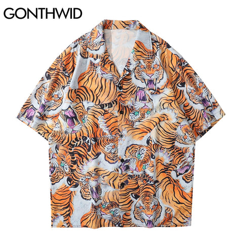 GONTHWID Hawaiian Shirt Streetwear Animal Tiger Shirts Streetwear Men Hip Hop Harajuku Casual Beach Holiday Button Casual Tops