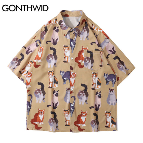 GONTHWID Hawaiian Shirts Harajuku Cartoon Animal Cats Print Beach Shirt Holiday Streetwear Hip Hop Tropical Casual Tops