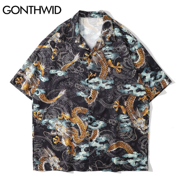 GONTHWID Hawaiian Shirts Harajuku Chinese Dragon Beach Shirt Streetwear Hip Hop Casual Holiday Tropical Short Sleeve Button Tops