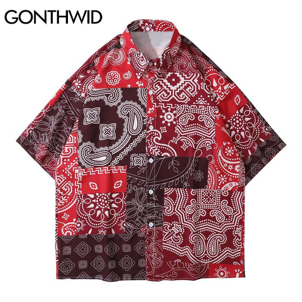 GONTHWID Hawaiian Shirts Streetwear Bandana Paisley Pattern Print Beach Shirt Hip Hop Harajuku Casual Tropical Holiday Tops