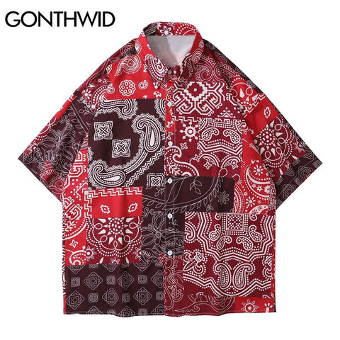 GONTHWID Hawaiian Shirts Streetwear Bandana Paisley Pattern Print Beach Shirt Hip Hop Harajuku Casual Tropical Holiday Tops