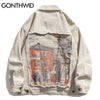 GONTHWID Hip Hop Denim Jacket Streetwear Mens Vintage Painting Ripped Jean Coats 2023 Harajuku Autumn Cotton Jackets Green Khaki