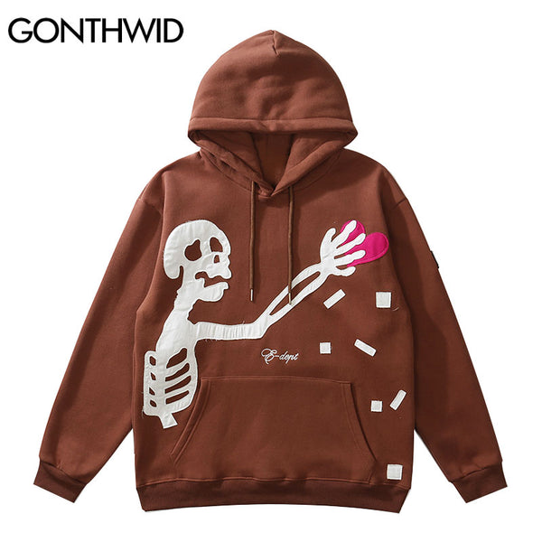 GONTHWID Hip Hop Streetwear Hoodie Sweatshirt Skeleton Patch Fleece Hooded 2023 Mens Harajuku Winter Cotton Pullover Brown